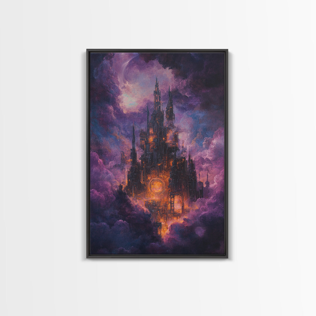 Mystical Purple Cloud Castle Framed Canvas Print, Dark Fantasy Wall Art, Celestial Gothic Decor, Moody Surreal Art Gift For Her