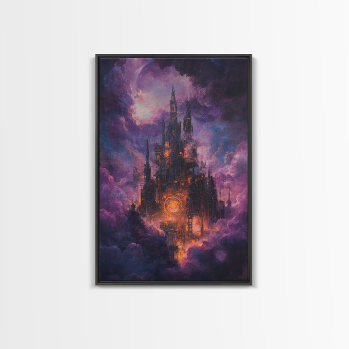Mystical Purple Cloud Castle Framed Canvas Print, Dark Fantasy Wall Art, Celestial Gothic Decor, Moody Surreal Art Gift For Her