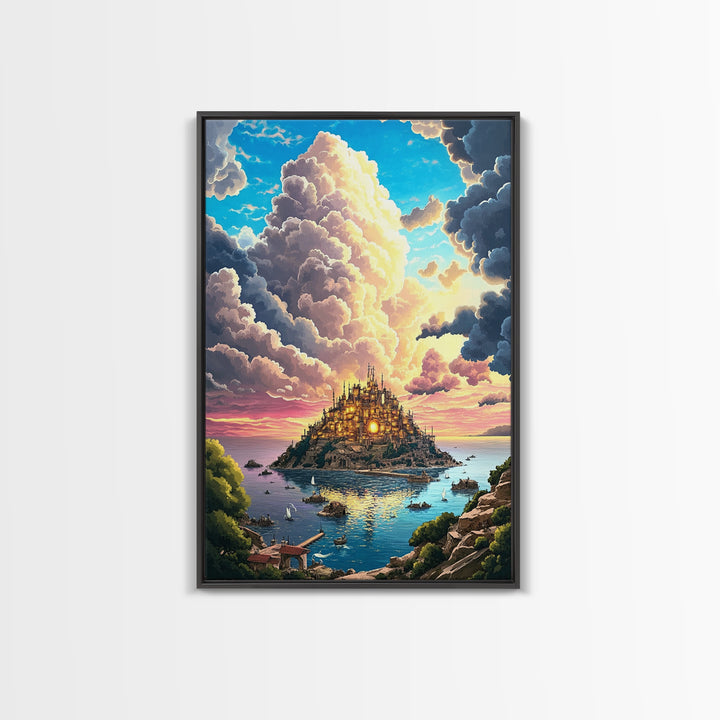 Golden Island Castle At Sunset Canvas Print, Fantasy Seascape Wall Decor, Coastal Landscape Art For Living Room Decor Gift