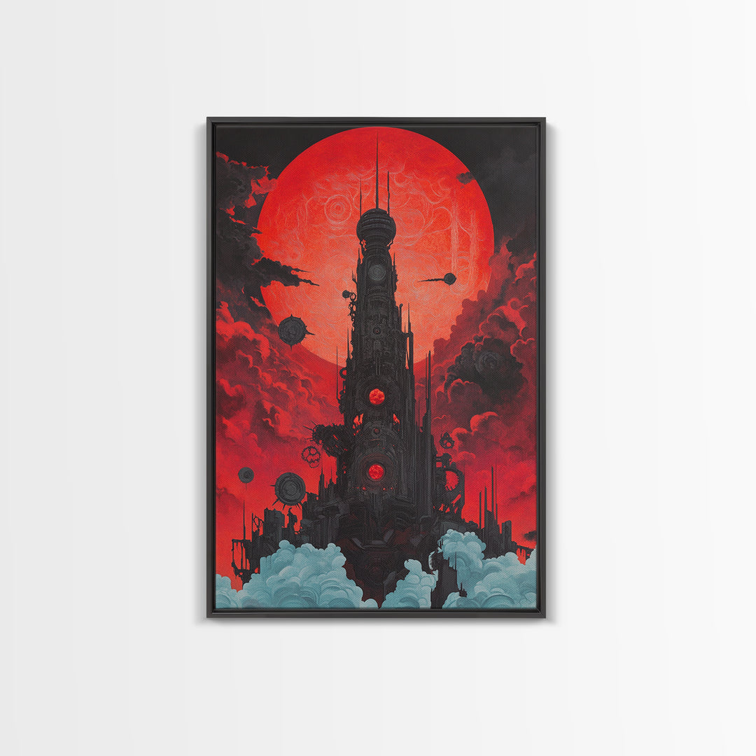Red Moon Futuristic Tower Wall Art, Dark Sci Fi Cityscape Poster, Cyberpunk Gothic Decor For Gaming Room And Office Decor