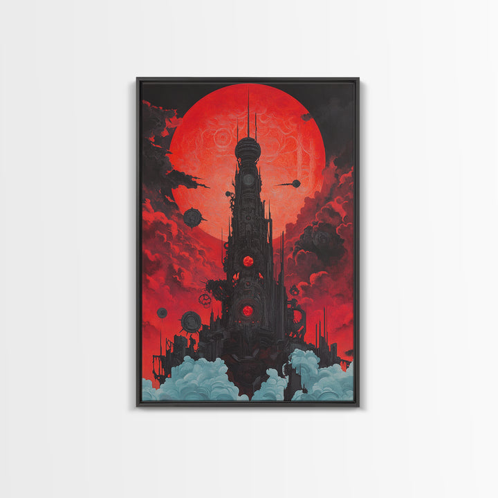 Red Moon Futuristic Tower Wall Art, Dark Sci Fi Cityscape Poster, Cyberpunk Gothic Decor For Gaming Room And Office Decor