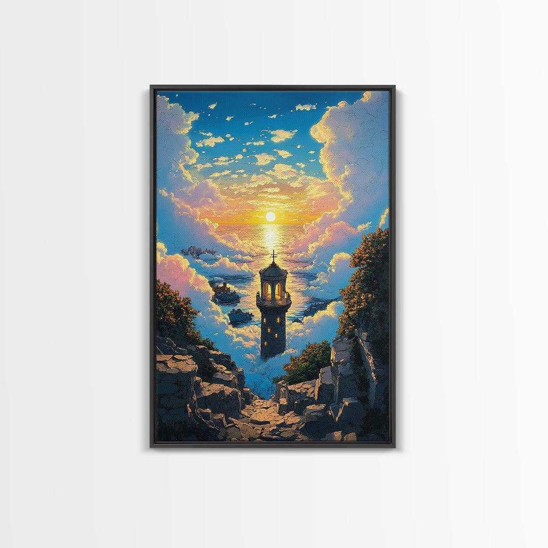 Sunset Sea Tower Canvas Print, Dreamy Cloud Ocean Landscape Wall Art, Coastal Fantasy Decor For Bedroom And Living Room Gift