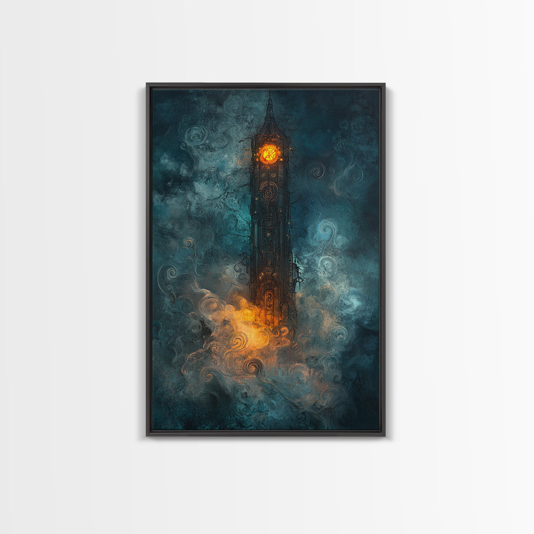 Dark Clock Tower In Teal Fog Wall Art, Gothic Fantasy Castle Canvas, Moody Steampunk Decor, Surreal Large Print, Living Room Wall Decor