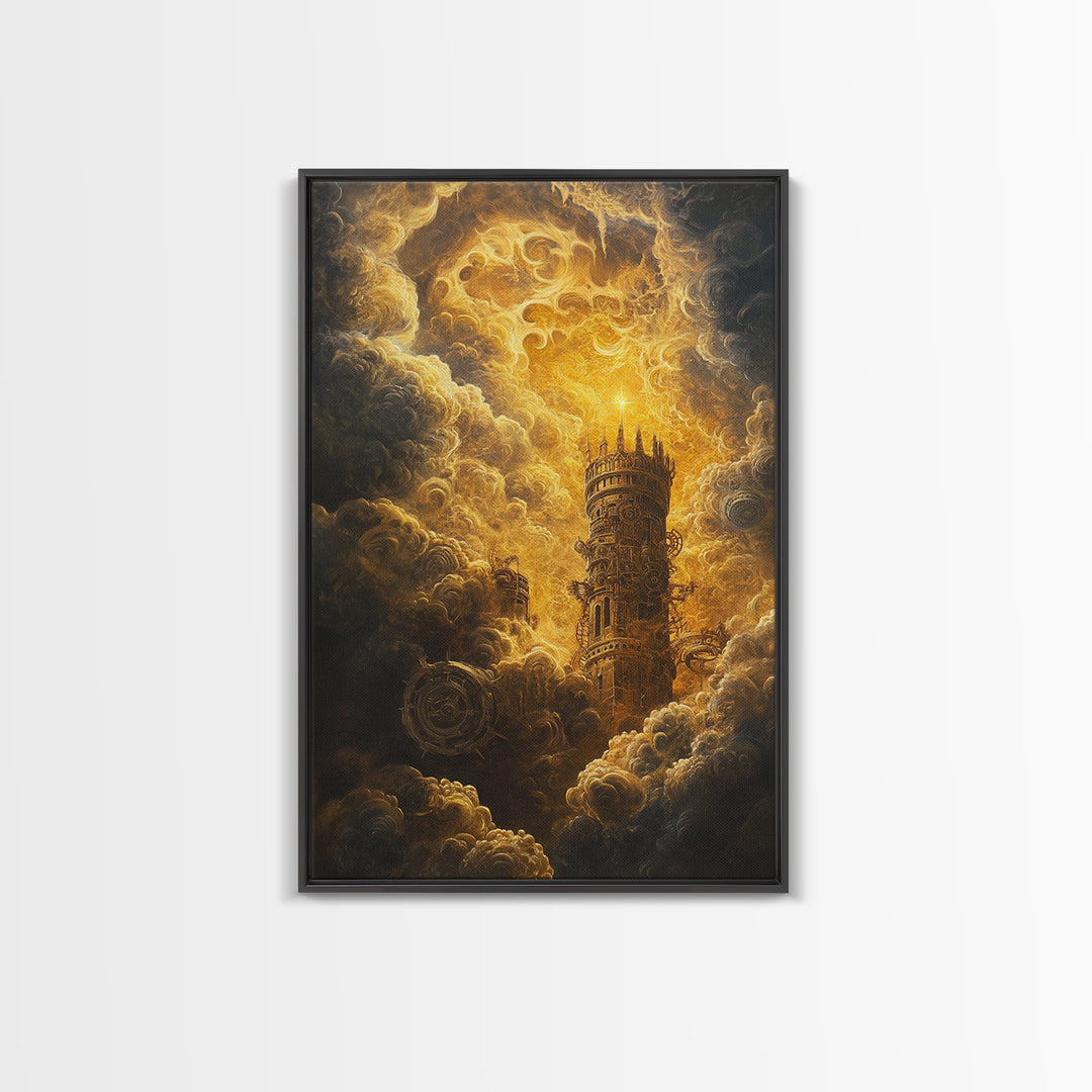 Golden Celestial Tower In Storm Clouds Canvas Print, Dark Fantasy Wall Art, Steampunk Castle, Gothic Living Room Decor Print