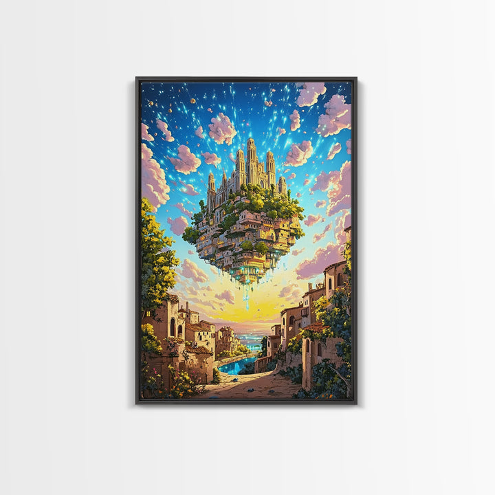 Floating Castle City Over Seaside Village Wall Art, Colorful Fantasy Canvas Print, Whimsical Coastal Living Room Decor Print