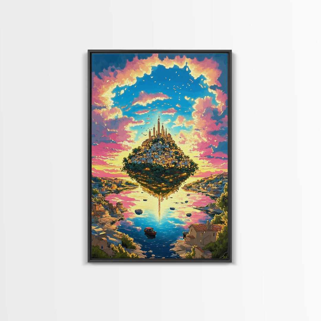 Floating Island City At Pink Sunset Wall Art, Vibrant Fantasy Landscape Canvas Print, Coastal Village, Colorful Home Decor