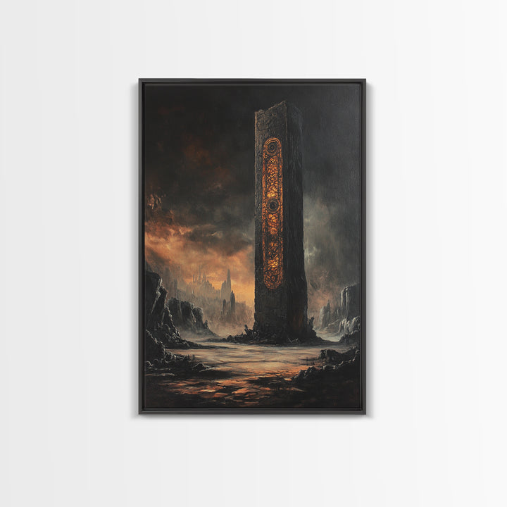 Ancient Rune Monolith In Dark Wasteland Canvas Print, Dystopian Sci Fi Wall Decor, Futuristic Tower Art, Gothic Home Decor