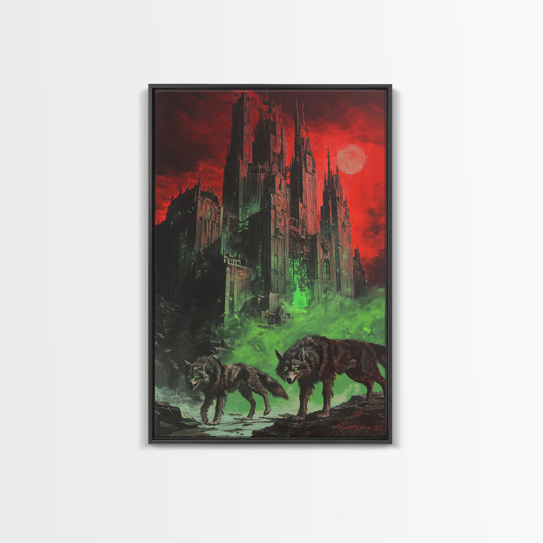 Red Moon Gothic Citadel With Wolves Wall Art, Dark Fantasy Castle Print, Black And Red Wall Decor, Moody Gothic Home Decor