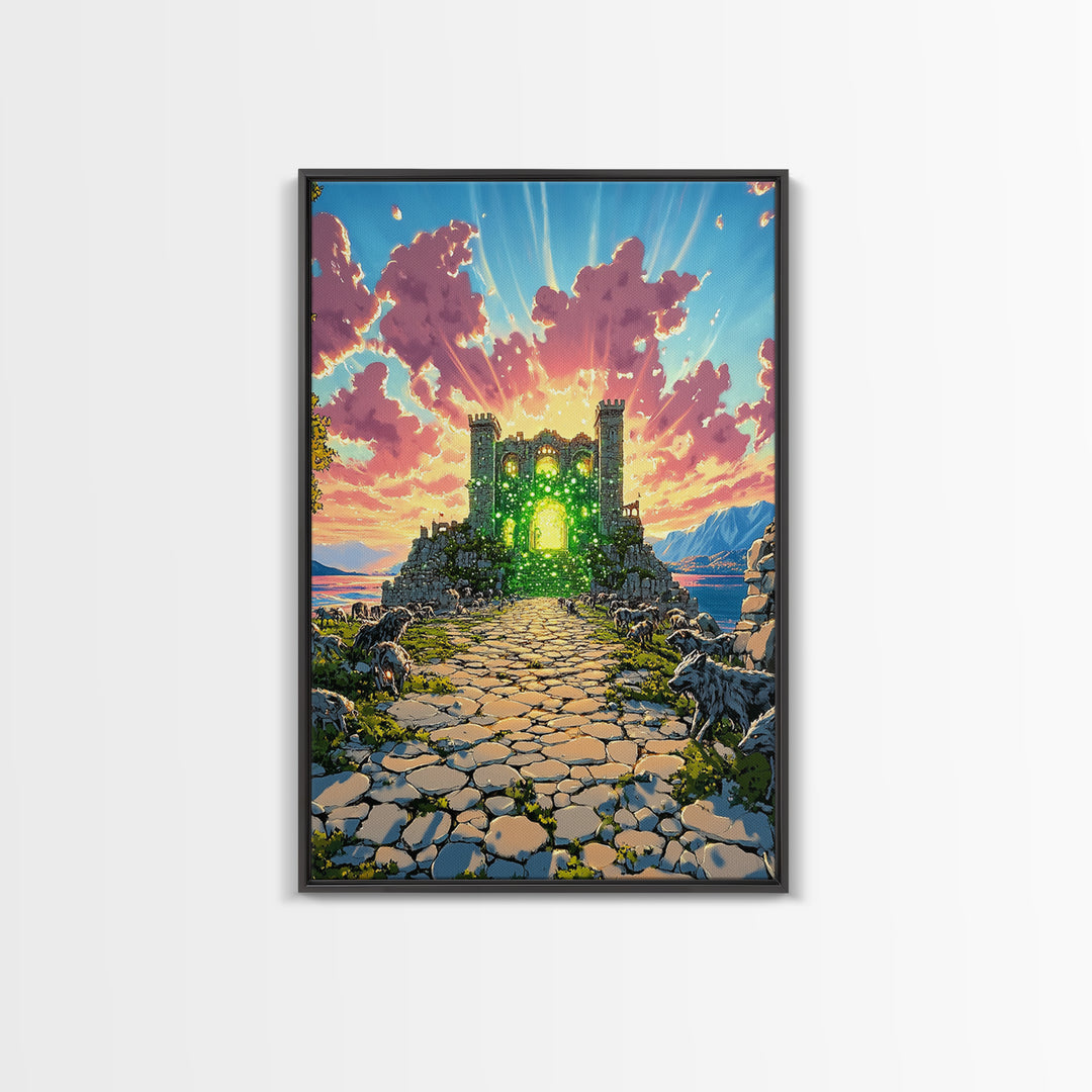 Glowing Green Ruined Castle Path Framed Canvas Print, Fantasy Landscape Wall Art, Colorful Mountain Decor, Whimsical Wolf Art