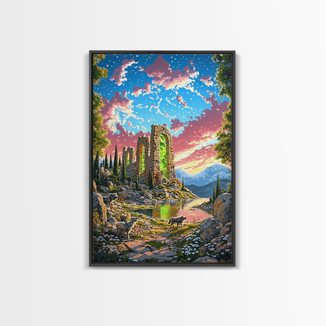 Sunset Stone Ruins With Green Portal Canvas Print, Fantasy Mountain Landscape Wall Art, Vibrant Nature Decor, Whimsical Goat Art