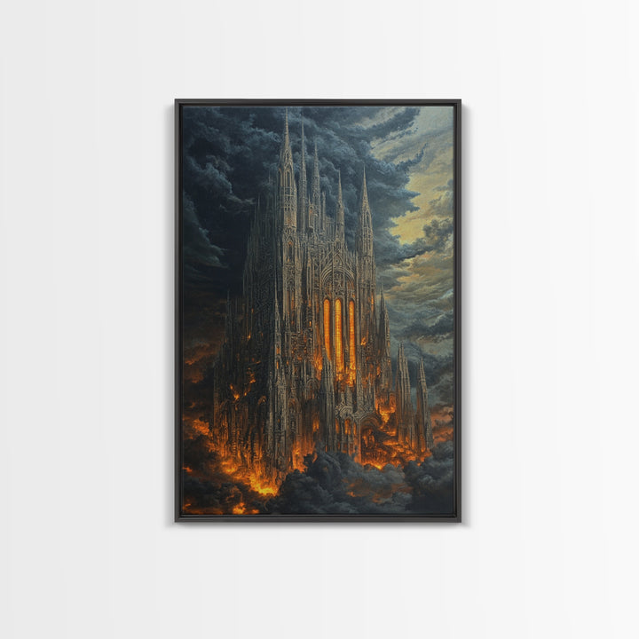 Fiery Gothic Cathedral In Storm Clouds Framed Canvas Print, Dark Fantasy Wall Art, Moody Medieval Decor For Dramatic Rooms