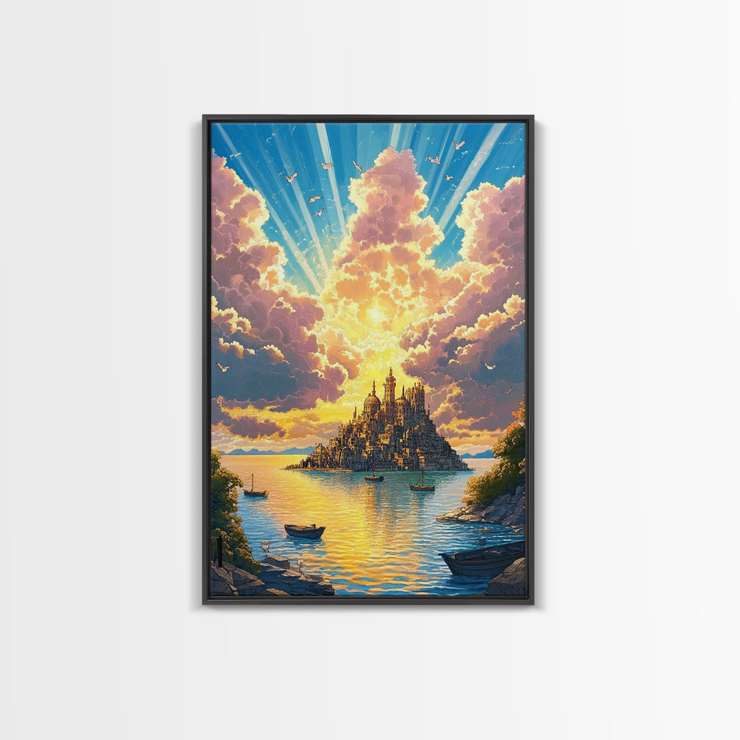 Golden Island Cathedral With Boats Canvas Print, Coastal Fantasy Wall Art, Sunset Seascape Decor For Serene Living Room Art