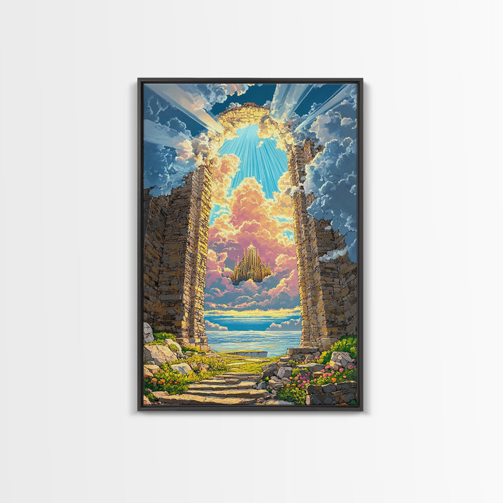 Stone Portal To Floating Castle Framed Canvas Print, Fantasy Landscape Wall Art, Magical Ruins Decor, Unique Gift For Her
