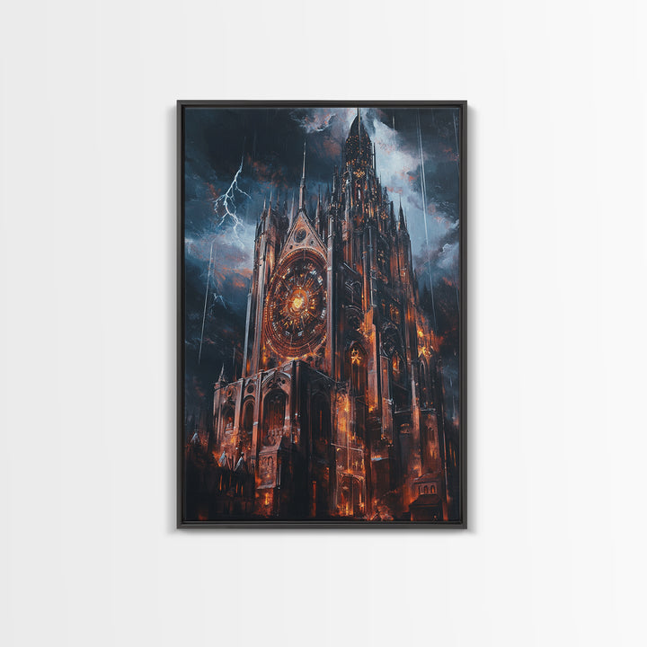 Stormy Gothic Cathedral With Lightning Framed Canvas Print, Dark Fantasy Wall Art, Dramatic Medieval Decor For Masculine Office
