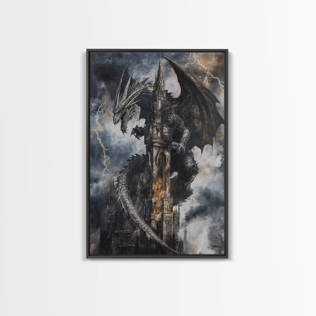 Dark Storm Dragon Cathedral Wall Art, Gothic Fantasy Castle Canvas, Lightning Dragon Print, Moody Medieval Home Decor Gift