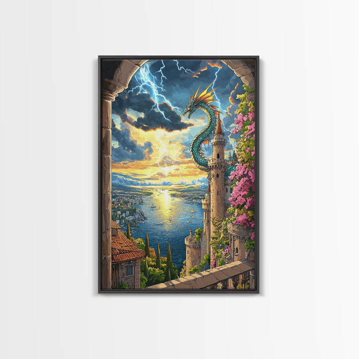 Sunset Sea Dragon Castle Wall Art, Vibrant Fantasy Coastal Landscape Print, Mediterranean Tower Living Room Decor, Gift For Her