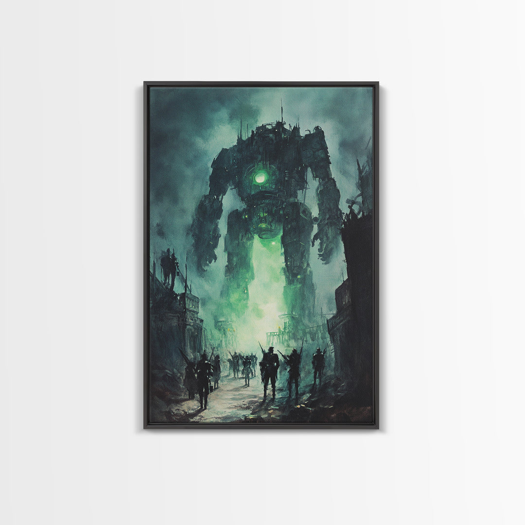 Green Glow Giant Robot Wall Art, Dark Sci Fi Dystopian City Canvas, Futuristic Mech Print, Gaming Room Decor Gift For Him