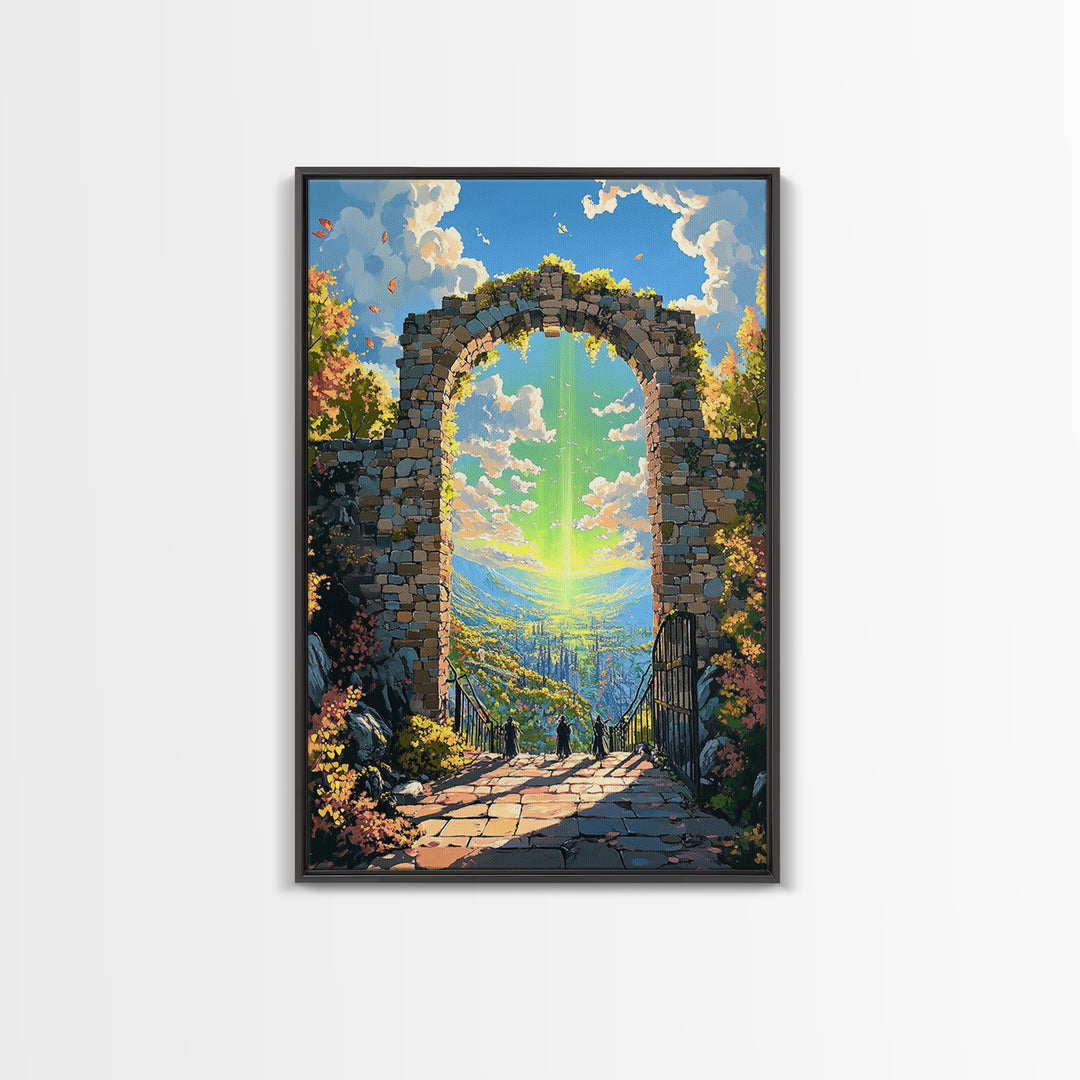 Sunlit Stone Arch Wall Art, Fantasy Coastal Ruins Canvas Print, Ocean Garden Path Landscape, Mediterranean Home Decor Gift