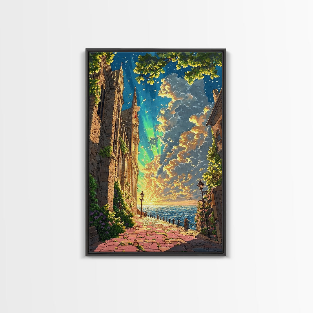 Seaside Gothic Cathedral Wall Art, Sunset Fantasy City Path Print, Aurora Sky Castle Decor, Whimsical Coastal Home Decor