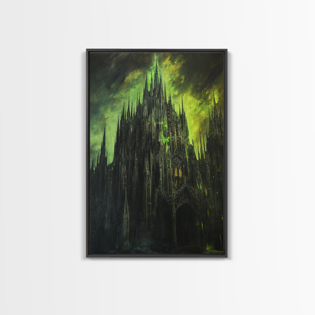 Dark Green Gothic Cathedral Wall Art, Moody Fantasy Castle Canvas Print, Black Spire Architecture, Dark Academia Decor Gift