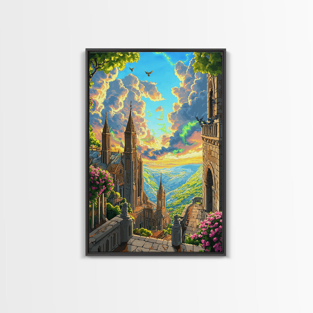 Sunlit Fantasy Cathedral Wall Art, Mountain Valley Castle Print, Floral Stone Balcony Landscape, Whimsical Home Decor Gift