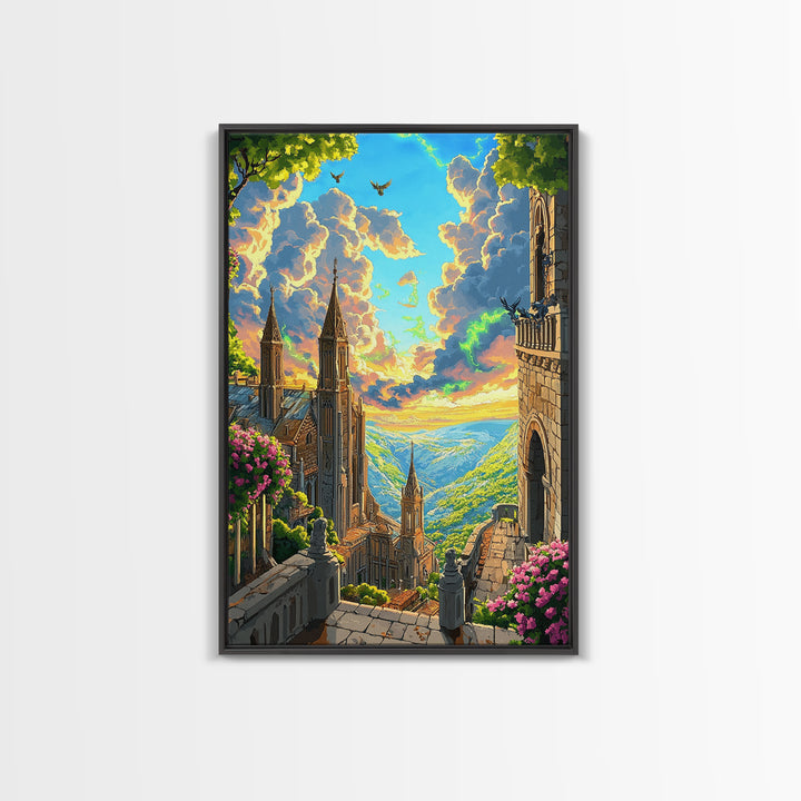 Sunlit Fantasy Cathedral Wall Art, Mountain Valley Castle Print, Floral Stone Balcony Landscape, Whimsical Home Decor Gift