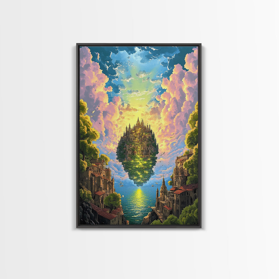 Floating Island Castle At Golden Sunset Canvas Print, Fantasy Wall Decor, Coastal Landscape Art, Large Living Room Decor