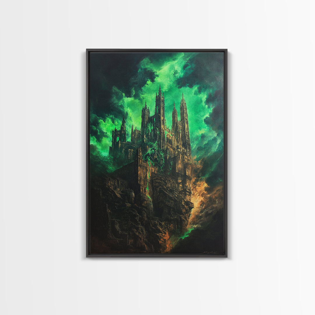 Emerald Gothic Cathedral In Storm Clouds Framed Canvas Print, Dark Fantasy Art, Moody Wall Decor, Dramatic Office Decor