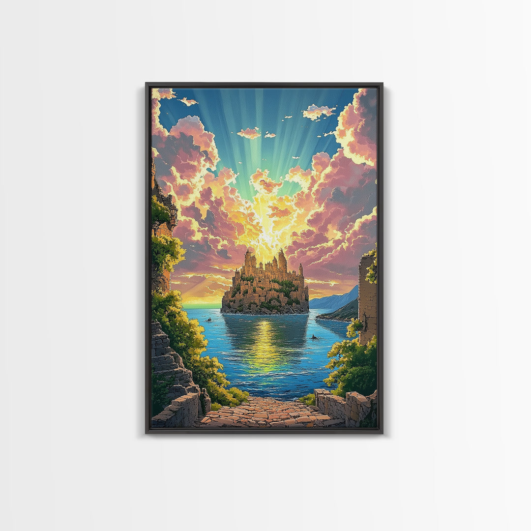 Sunlit Island Castle With Pink Clouds Canvas Print, Fantasy Landscape Wall Art, Coastal Decor, Large Living Room Art, Home Decor