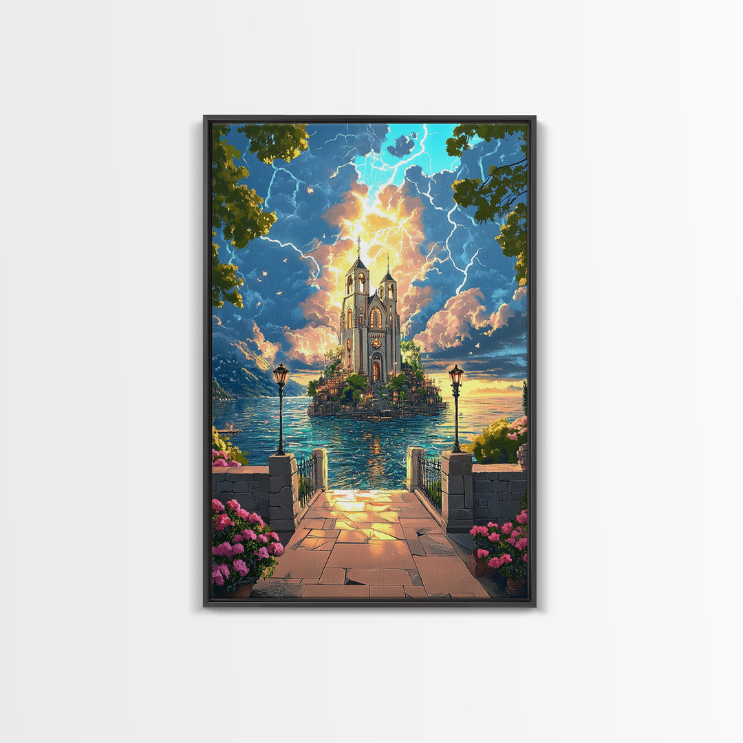 Lightning Over Island Cathedral And Lake Walkway Wall Art, Fantasy Landscape Print, Statement Living Room Decor Gift Idea