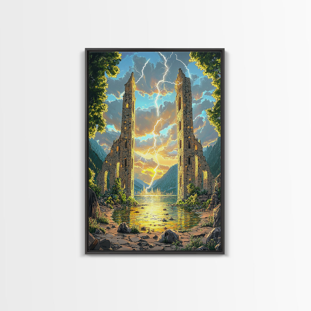 Ancient Ruined Towers With Lightning At Lake Canvas Print, Fantasy Landscape Wall Art, Mountain Decor, Dramatic Home Decor
