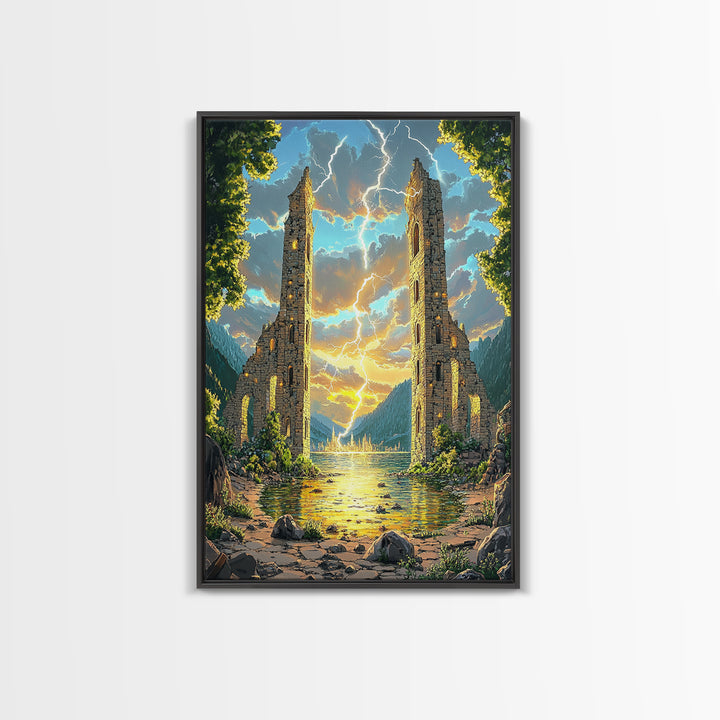 Ancient Ruined Towers With Lightning At Lake Canvas Print, Fantasy Landscape Wall Art, Mountain Decor, Dramatic Home Decor