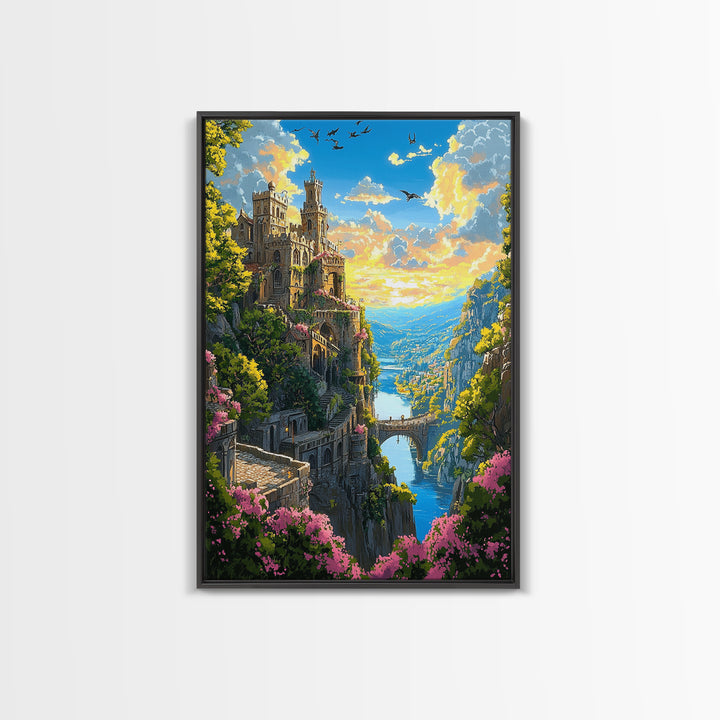 Cliffside Castle Garden Over Blue Valley Wall Art, Fantasy Landscape Print, Colorful Home Decor, Large Living Room Art, Gift