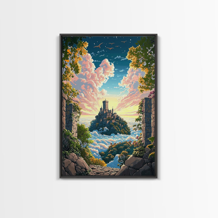 Castle Above Clouds Through Stone Gate Canvas Print, Dreamy Fantasy Wall Art, Whimsical Decor, Large Bedroom Wall Art, Gift