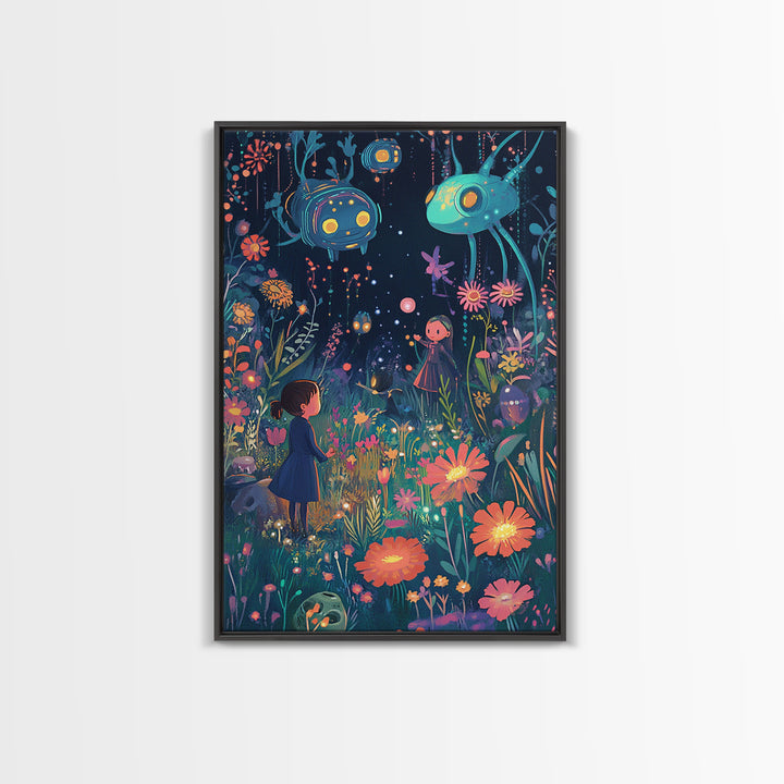 Whimsical Night Garden With Glowing Flowers Canvas Print, Kids Room Wall Art, Nursery Decor, Colorful Fantasy Art Gift Idea