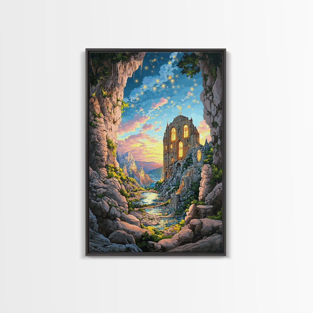 Twilight Cave Ruins With Glowing Windows And Starry Sky Framed Canvas Print, Fantasy Mountain Wall Decor For Cozy Home Gift