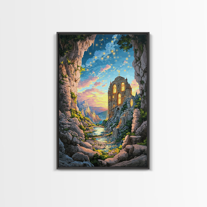 Twilight Cave Ruins With Glowing Windows And Starry Sky Framed Canvas Print, Fantasy Mountain Wall Decor For Cozy Home Gift