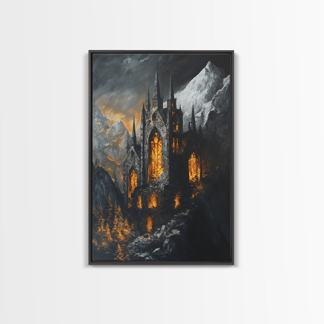 Dark Gothic Cathedral In Snowy Mountains With Amber Windows Canvas Print, Moody Fantasy Wall Art, Dark Academia Decor For Office