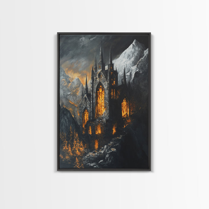Dark Gothic Cathedral In Snowy Mountains With Amber Windows Canvas Print, Moody Fantasy Wall Art, Dark Academia Decor For Office