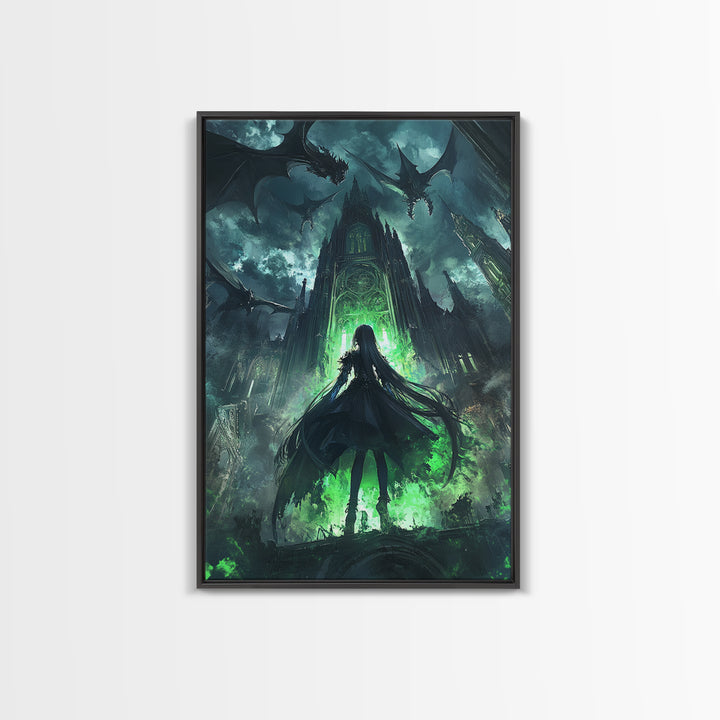 Dark Dragon Cathedral With Green Portal And Girl Silhouette Framed Canvas Print, Gothic Fantasy Wall Art, Moody Decor Gift