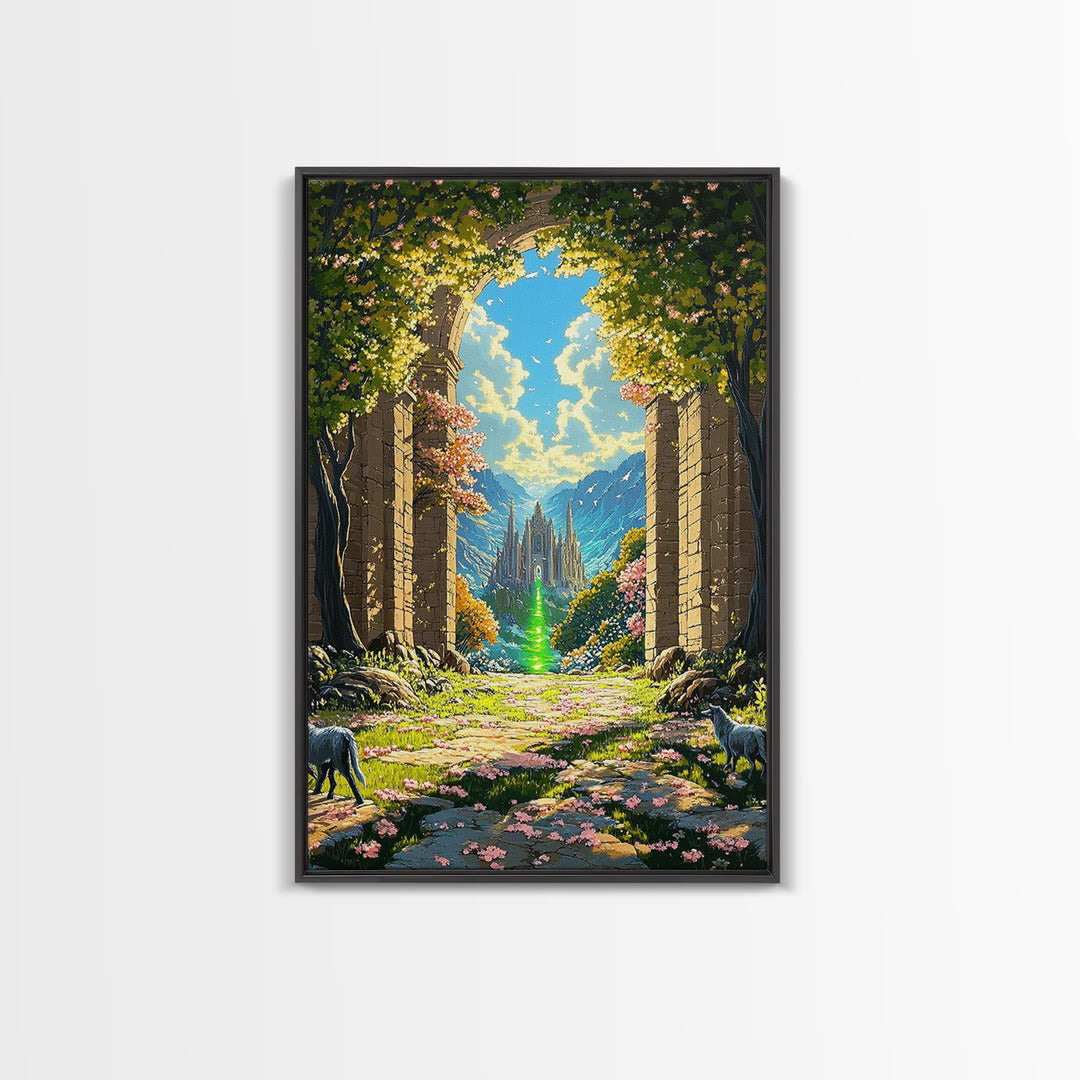 Enchanted Garden Archway To Distant Cathedral With Green Magic Wall Art, Fantasy Landscape Print, Whimsical Decor For Living Room