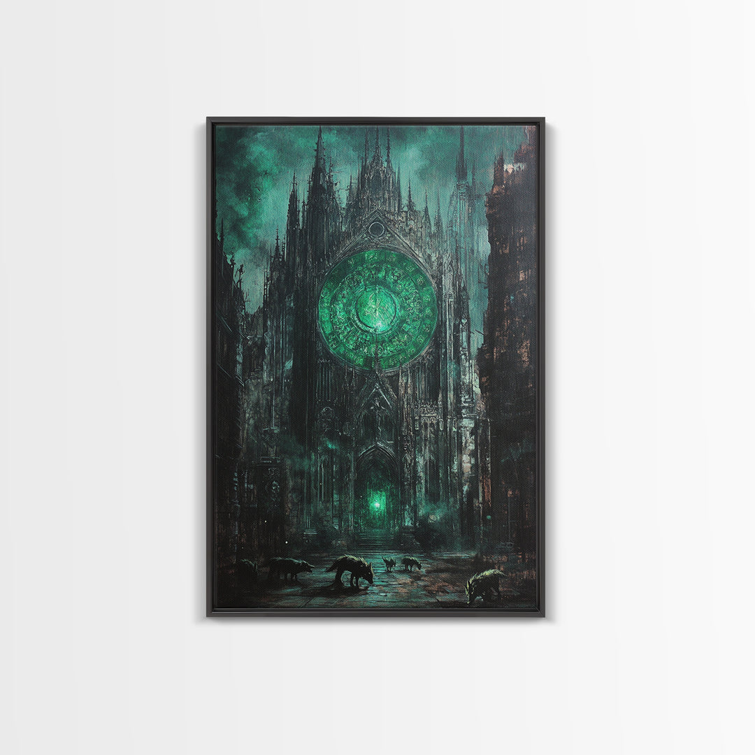 Emerald Rose Window On Dark Gothic Cathedral With Wolves Wall Art, Moody Fantasy Print, Dark Academia Office Decor For Living Room