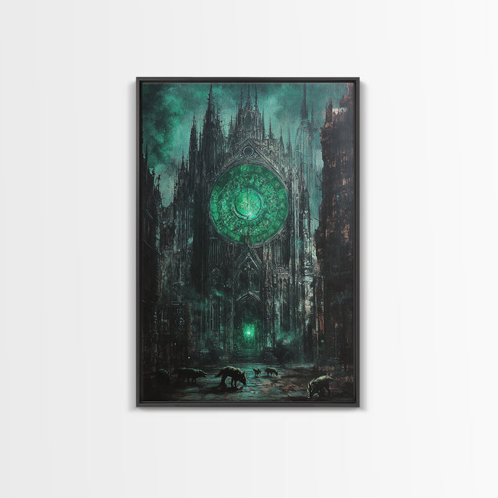 Emerald Rose Window On Dark Gothic Cathedral With Wolves Wall Art, Moody Fantasy Print, Dark Academia Office Decor For Living Room