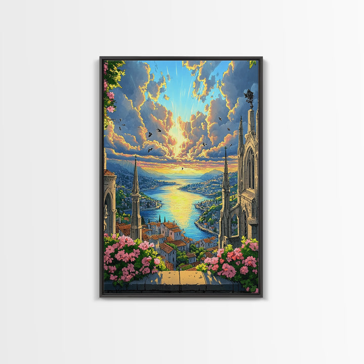 Sunset Harbor City From Cathedral Balcony With Pink Flowers Framed Canvas Print, Coastal Fantasy Wall Art, Home Decor For Living Room