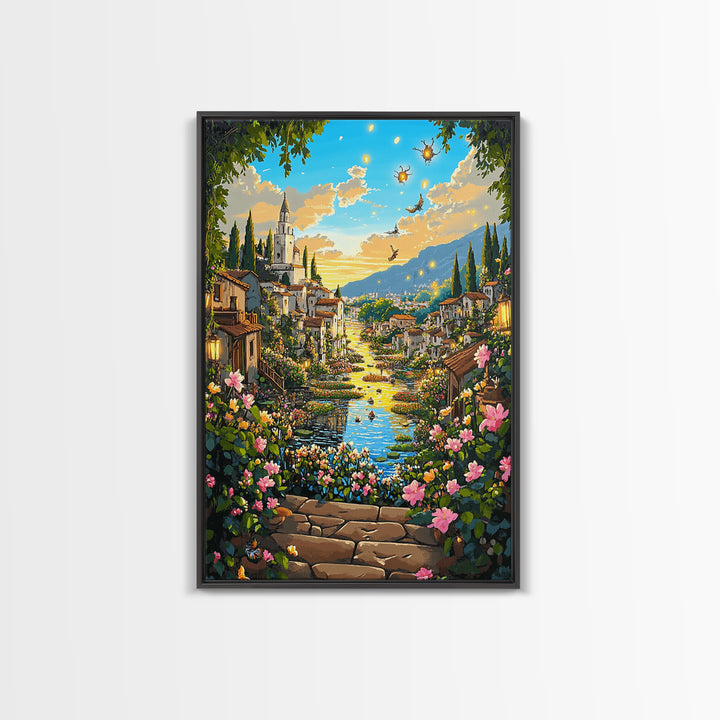 Sunlit Fantasy Village Canal With Flowers Canvas Print, Mediterranean Castle Wall Art For Living Room Decor Housewarming Gift
