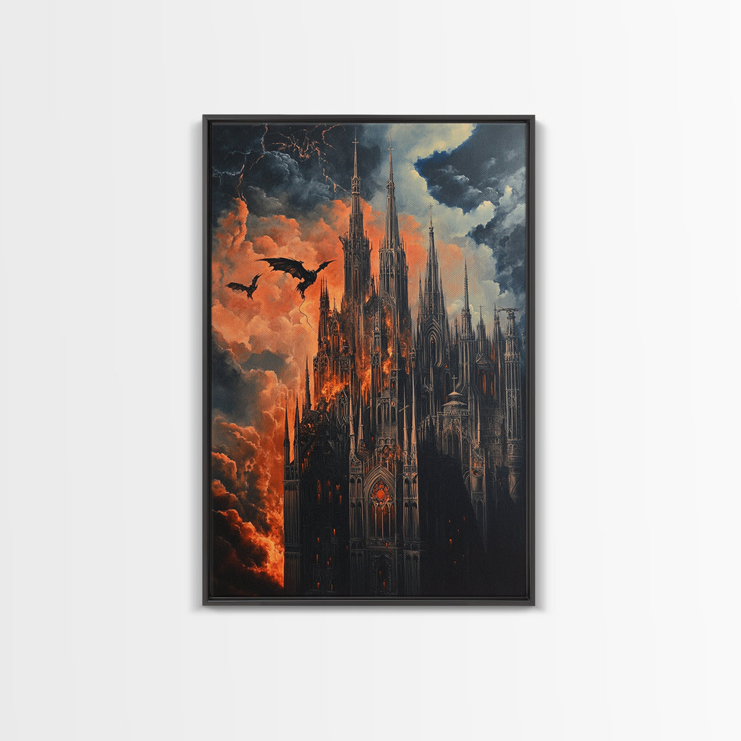 Burning Gothic Cathedral With Dragons Framed Canvas Print, Dark Fantasy Wall Art For Moody Gothic Office Decor Gift For Him
