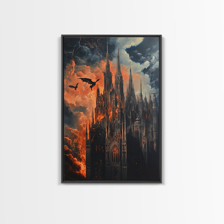 Burning Gothic Cathedral With Dragons Framed Canvas Print, Dark Fantasy Wall Art For Moody Gothic Office Decor Gift For Him