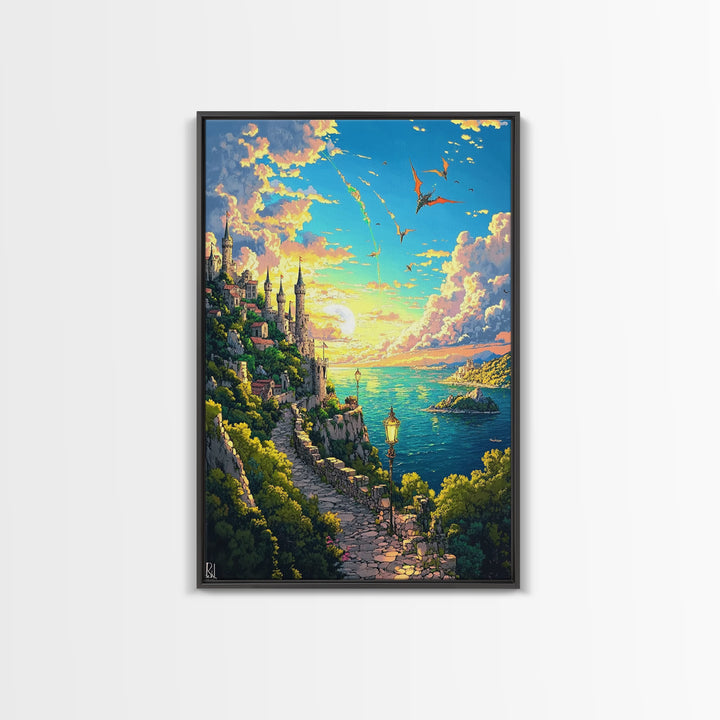 Sunset Seaside Castle Path With Dragons Canvas Print, Fantasy Coastal Wall Art For Living Room Home Decor Housewarming Gift