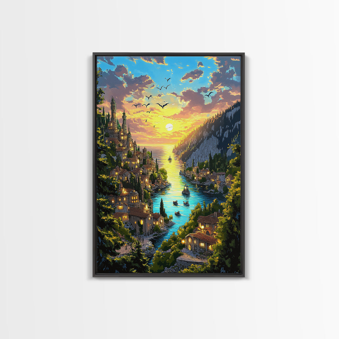 Glowing River Valley Castle Village Canvas Print, Fantasy Landscape Wall Art For Cozy Living Room Decor Housewarming Gift