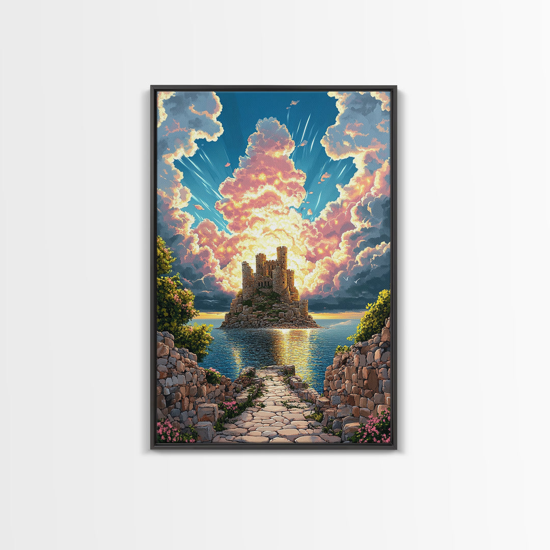 Island Castle Ruins Under Radiant Clouds Canvas Print, Coastal Fantasy Wall Art For Living Room Home Decor Housewarming Gift